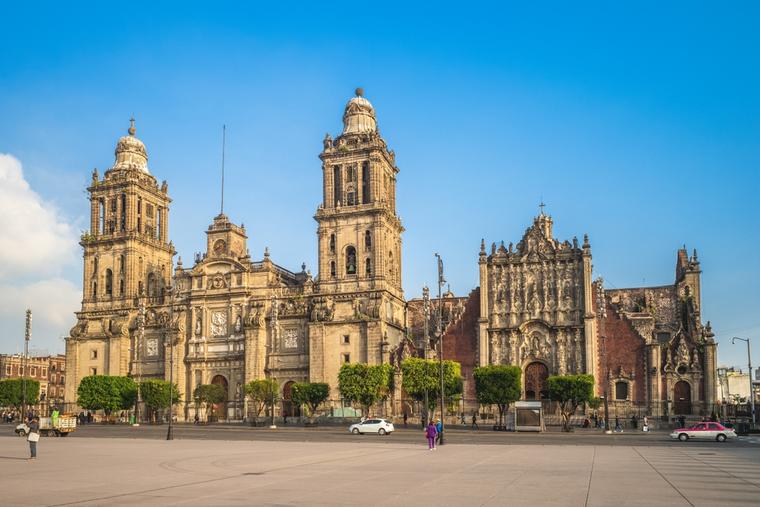 Metropolitan Cathedral of the Archdiocese of Mexico City as seen from Constitution Square, known as the “Zócalo,” in downtown Mexico City.