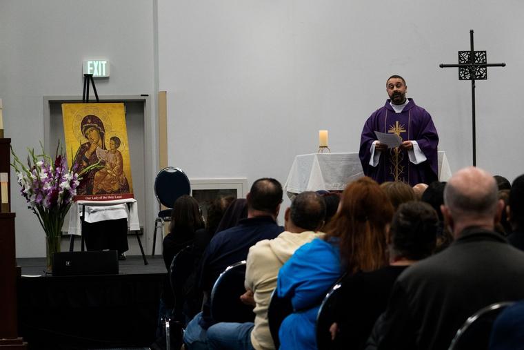 Father Ala Musharbash, the chaplain for the Arab American Catholic Community, based out of St. Joseph Church in Pomona, California, offers the homily during the first-ever Arabic Mass at RECongress on Feb. 21, 2026.