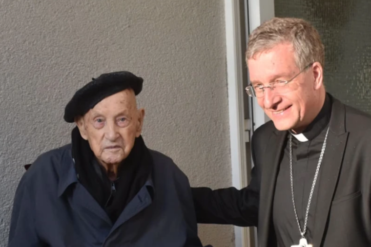 Father Bruno Kant, 110, with Bishop Michael Gerber of Fulda.
