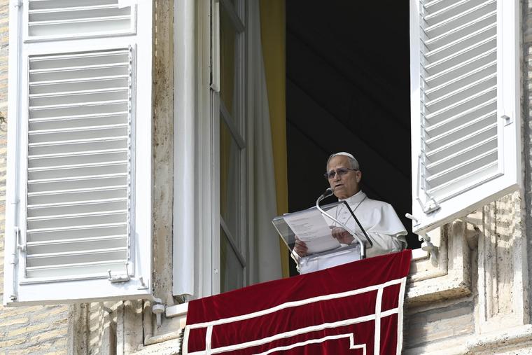 Pope Leo XIV addresses pilgrims gathered in St. Peter's Square at the Vatican for the recitation of the Angelus on March 8, 2026.