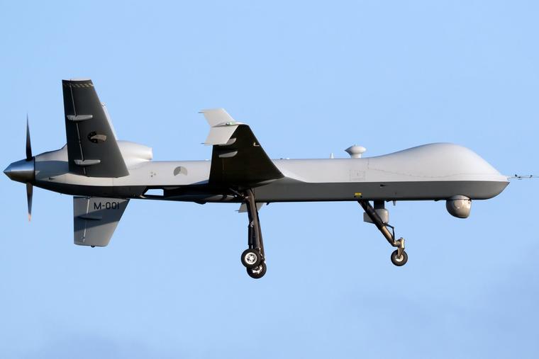 A U.S. Air Force MQ-9 Reaper unmanned aerial vehicle arrives at Leeuwarden Air Base during the Ramstein Flag exercise in Leeuwarden, the Netherlands, April 10, 2025.