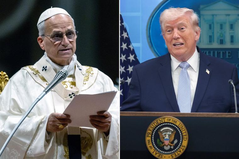 Left: Pope Leo XIV delivers the homily during the Easter vigil Mass April 4 in St. Peter’s Basilica. Right: Donald Trump speaks at an April 6 news conference at the White House.