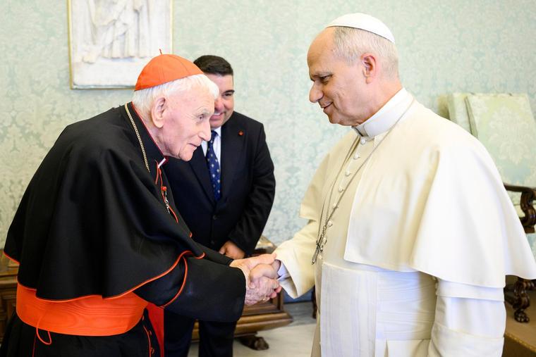 Cardinal Ernest Simoni greets Pope Leo XIV on April 26, 2026.