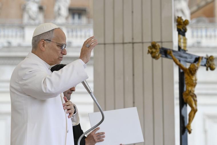 Pope Leo XIV blesses pilgrims gathered in St. Peter’s Square for his general audience on April 1, 2026.