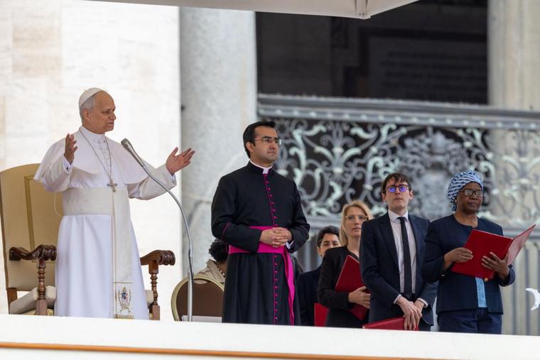 Pope Leo XIV at his weekly general audience in St. Peter's Square at the Vatican on May 6, 2026.