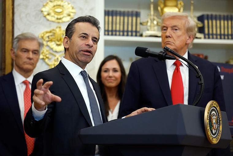 Marty Makary, then-commissioner of Food and Drug Administration, delivers remarks alongside U.S. President Donald Trump; administrator for the Centers for Medicare & Medicaid Services Mehmet Oz; and Sen. Katie Britt, R-Alabama, during an event in the Oval Office of the White House on Oct. 16, 2025, in Washington, D.C. Makary resigned May 12, 2026.