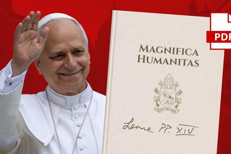 Pope Leo XIV alongside a picture of his new encyclical released May, 25, 2026.