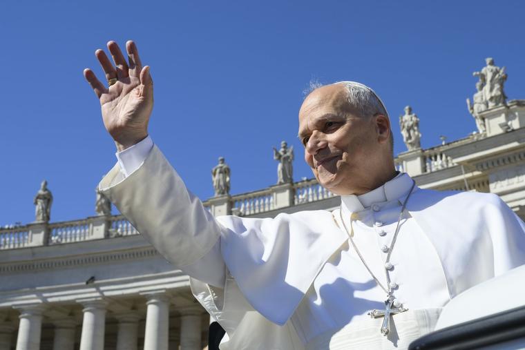 Pope Leo XIV waves in St. Peter’s Square on May 19, 2026.
