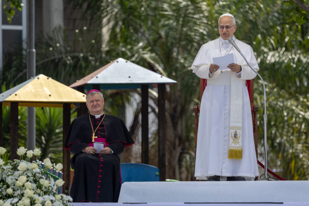 Pope Leo XIV addresses crowds in the Piazza Calipari in Acerra, Italy, May 23, 2026. The pope was visiting the “Land of Fires,” a region in southern Italy devastated by illegal waste dumping. | Credit: Daniel Ibáñez/EWTN News