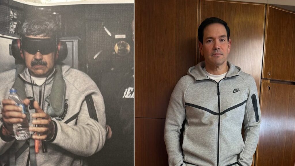 Marco Rubio Is Actually Wearing Nicolas Maduro’s Nike Sweatsuit On Air Force One