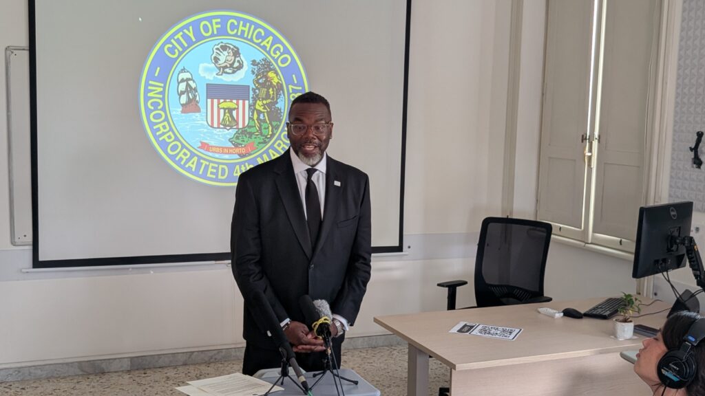 Mayor of Chicago Brandon Johnson holds a press briefing at The American University of Rome on May 28, 2026. | Credit: Ishmael Adibuah/EWTN News