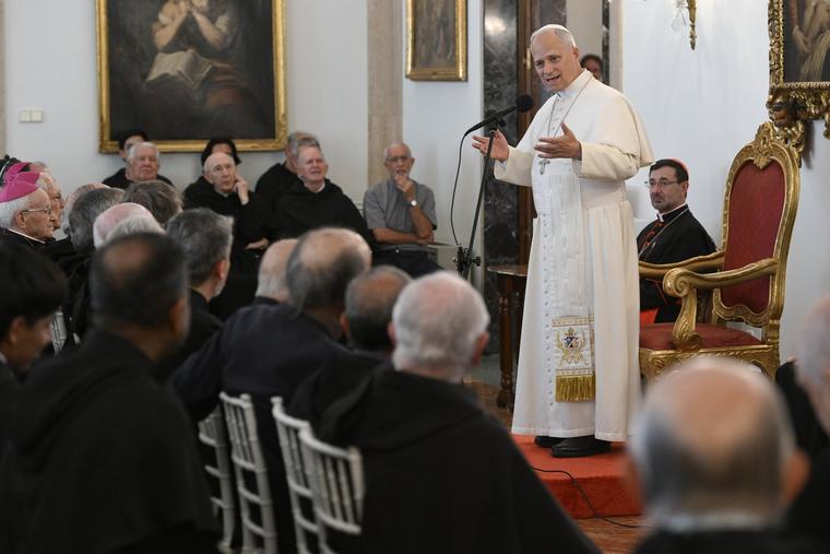 Pope Leo XIV delivers remarks to the Augustinian community at the apostolic nunciature in Madrid, Spain, on June 7, 2026.