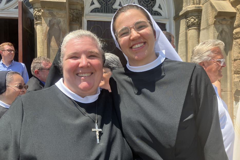 Sister M. Karolyn (left), named for Karol Wojtyła (Pope St. John Paul II), poses with the newly received and named Sister Mary Solanus, who took her name for Blessed Solanus Casey. (Photo: Courtesy of Sister M. Karolyn Nunes)