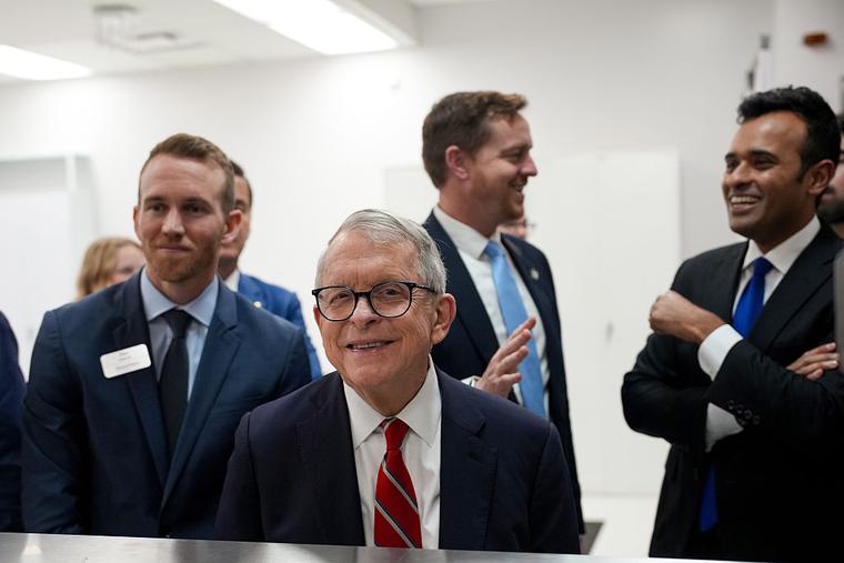 Ohio Gov. Mike DeWine, center, attends a tour of a Thermo Fisher Scientific facility on March 11, 2026, in Reading, Ohio.