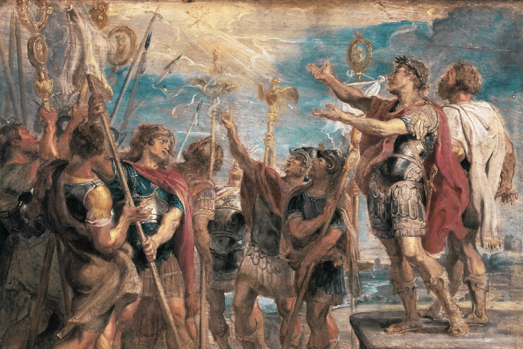 ‘The Emblem of Christ Appearing to Constantine,’ as imagined by Rubens (1622). Constantine's army sees a Chi-Rho in the daytime sky.