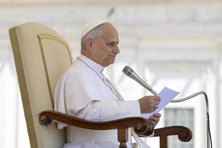 Pope Leo XIV speaks in St. Peter's Square at the general audience on May 27, 2026.