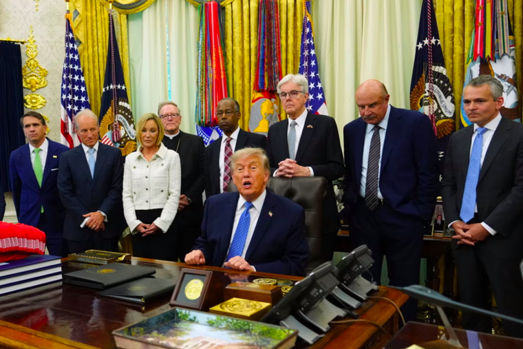 Members of the White House Religious Liberty Commission, including Bishop Robert Barron and Ethics and Public Policy Center President Ryan Anderson, delivered their final report to President Donald Trump in the Oval Office on June 26, 2026.