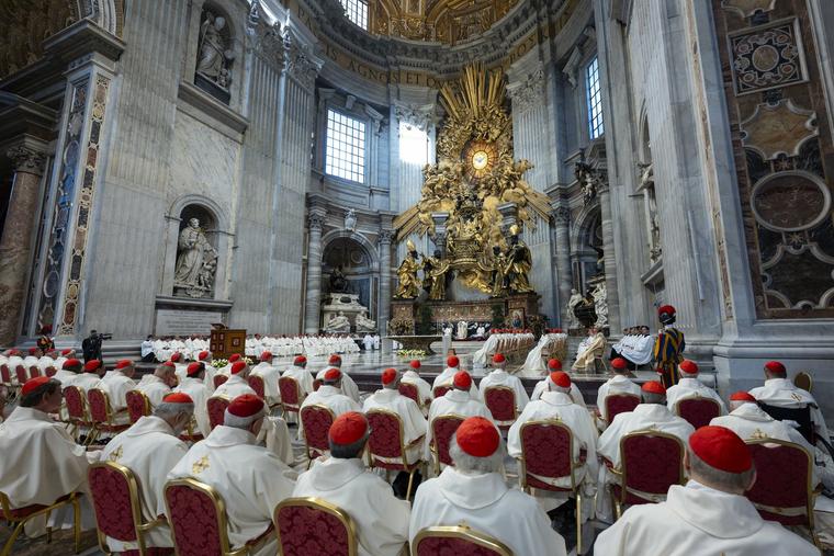 The cardinals gather for Mass with Pope Leo at St. Peter’s Basilica on June 26, 2026, during their consistory.