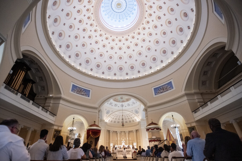 The congregation participates in Mass at the Basilica of the National Shrine of the Assumption of the Blessed Virgin Mary during the National Eucharistic Pilgrimage in Baltimore, Maryland, June 10, 2026. | Credit: Jeffrey Bruno/EWTN News