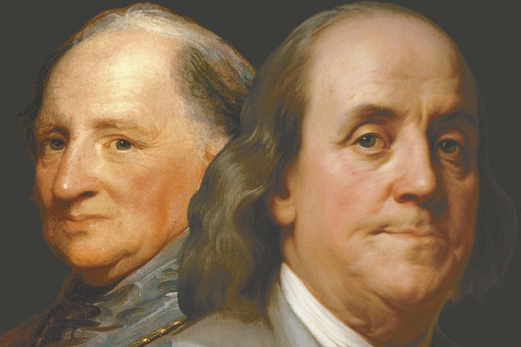 L-R: A portrait of Archbishop John Carroll by Gilbert Stuart and painting of Benjamin Franklin, ca. 1785, by Joseph-Siffred Duplessis
