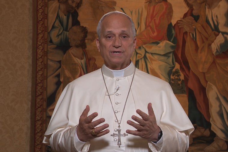 Pope Leo XIV speaks via a video address to the Eucharistic pilgrimage at its concluding Mass in Philadelphia, July 5, 2026.