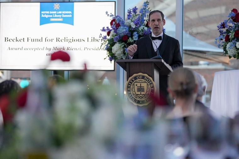 Becket Fund President and CEO Mark Rienzi accepts the Notre Dame Law School 2026 Prize for Religious Liberty at the July 8, 2026, conclusion of Notre Dame’s sixth-annual Religious Liberty Summit in Chicago.