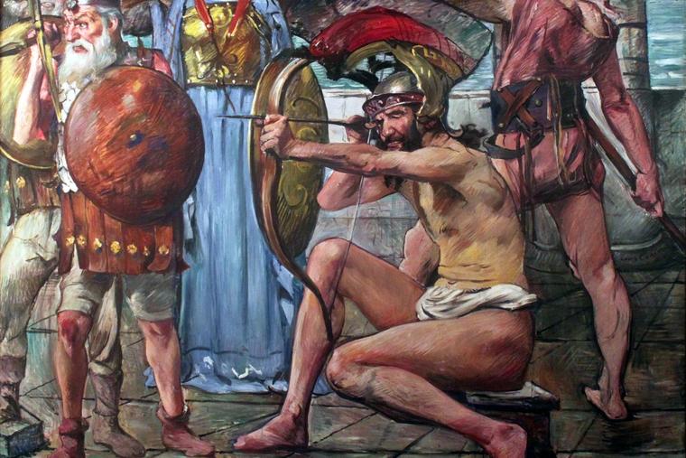 In Lovis Corinth’s 1913 painting “Odysseus in the Battle With the Suitors,” Odysseus confronts the suitors — aristocrats who had occupied his palace and competed for the hand of his faithful wife, Penelope, believing him dead.