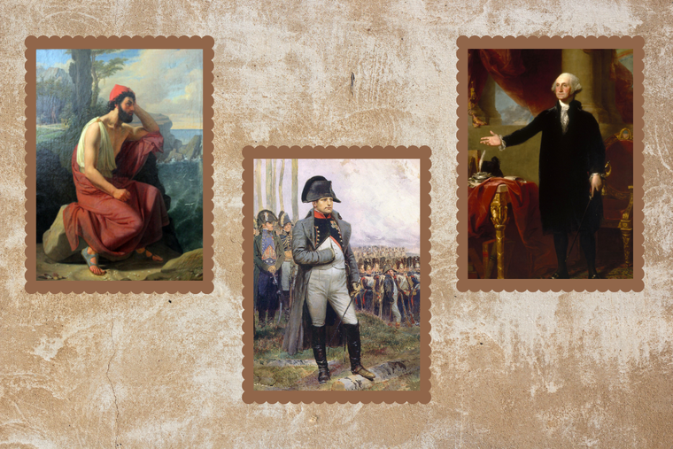 L to R: Ditlev Blunck, ‘Odysseus on the Island of Calypso’; Édouard Detaille, ‘Napoleon in 1806’; George Washington Lansdowne portrait (1796) by Gilbert Stuart