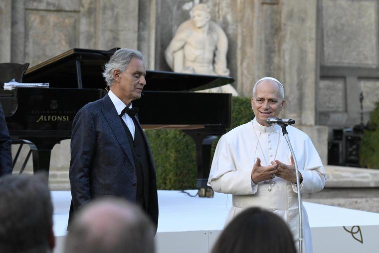 Pope Leo XIV and Italian tenor Andrea Bocelli attend the inauguration of the Laudato Si’ Village in Castel Gandolfo, Italy, on Sept. 5, 2025.