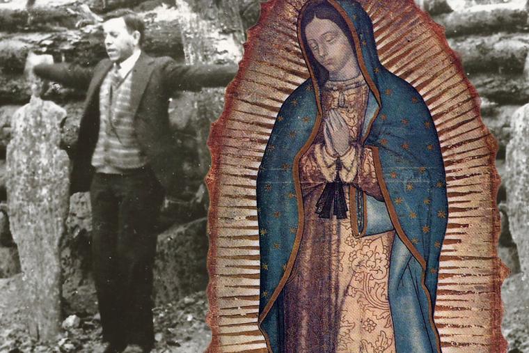 Blessed Miguel Agustín Pro (1891–1927), photographed moments before his execution by firing squad with his arms outstretched in the form of a cross, is shown alongside the original tilma image of Our Lady of Guadalupe.