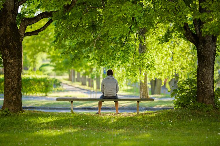 A young man sits alone on a bench between trees at a park.