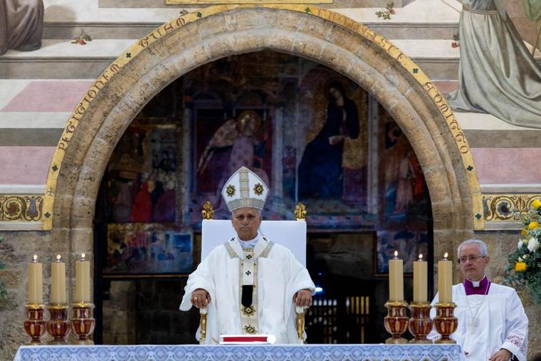 Pope Leo XIV celebrates Mass at the Basilica of St. Mary of the Angels in Assisi, Italy, on Aug. 6, 2026.