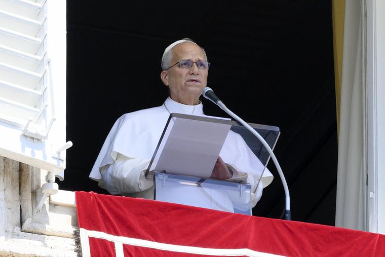 Pope Leo XIV addresses pilgrims gathered in St. Peter’s Square at the Vatican for the recitation of the Angelus on Aug. 9, 2026.