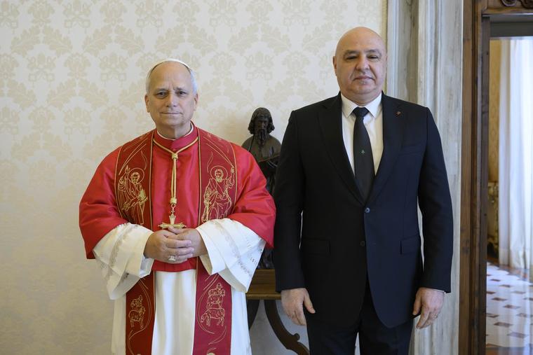 Pope Leo XIV meets with Lebanese President Joseph Aoun on Aug. 20, 2026, at the Apostolic Palace in the Vatican.