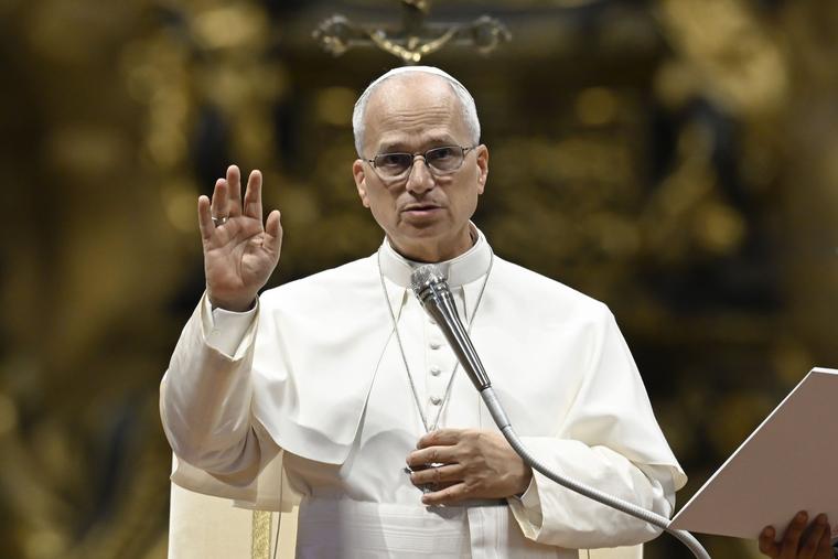 Pope Leo XIV gives his apostolic blessing at the end of the general audience in St. Peter’s Basilica on Aug. 26, 2026.
