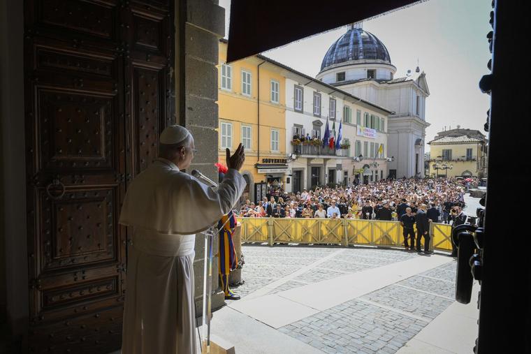 Pope Leo XIV addresses pilgrims gathered in Piazza della Libertà at Castel Gandolfo, Italy, for the recitation of the Angelus on August 30, 2026.