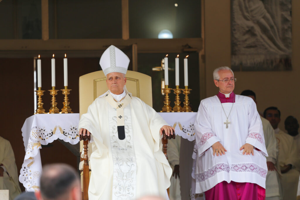 Pope Leo XIV celebrates Mass at Maria Santissima del Lago, Castel Gandolfo, Aug. 29, 2026. Leo later took part in a Marian procession on nearby Lake Albano, becoming the first pope to travel by boat across the waters there according to the Vatican. | Credit: Zofia Czubak/EWTN News