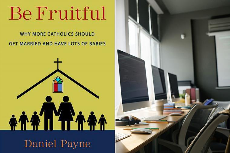 Left: Book cover of 'Be Fruitful: Why More Catholics Should Get Married and Have Lots of Babies' by Daniel Payne. Right: Computer monitors in a classroom.