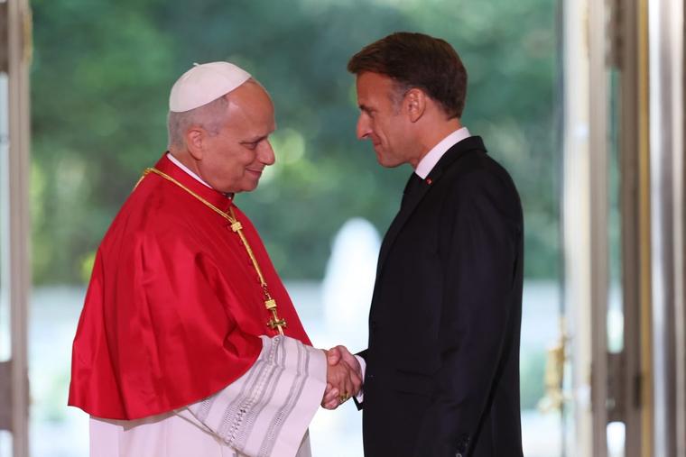 Pope Leo XIV with French President Emmanuel Macron, at the Élysée Palace in Paris on Sept. 25, 2026.