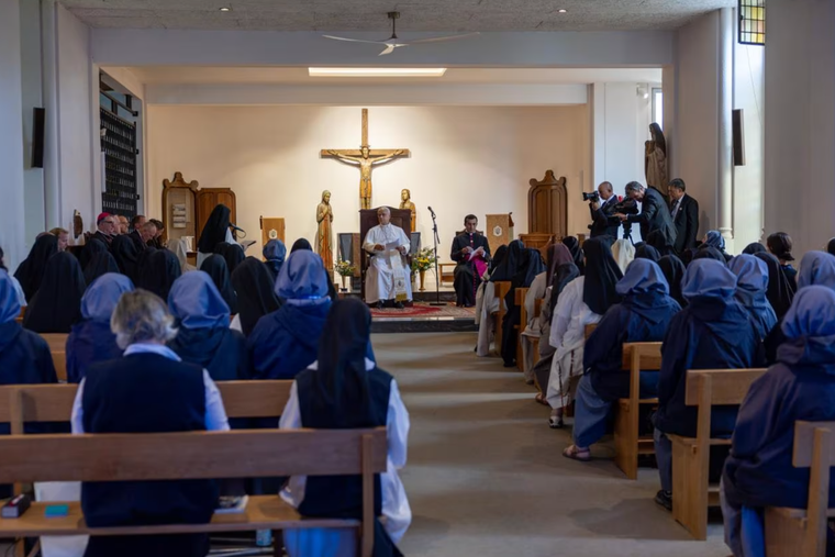 Sisters of the Carmelite Monastery of Lourdes meet with Pope Leo XIV in a private meeting on Sept. 27, 2026 in France.
