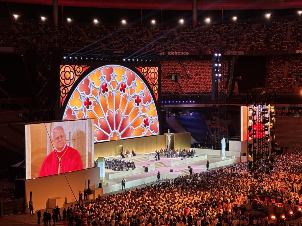 Pope Leo XIV leads a prayer vigil at Stade de France on Sept. 25, 2026 in Saint-Denis, France.