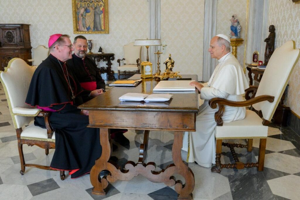 Bishop Louis Tylka of Peoria, Illinois, and Msgr. Jason Gray, the executive director of the Archbishop Fulton J. Sheen Foundation, met with Pope Leo XIV at the Vatican Oct. 5, 2026, and presented him with a relic of the Blessed Sheen